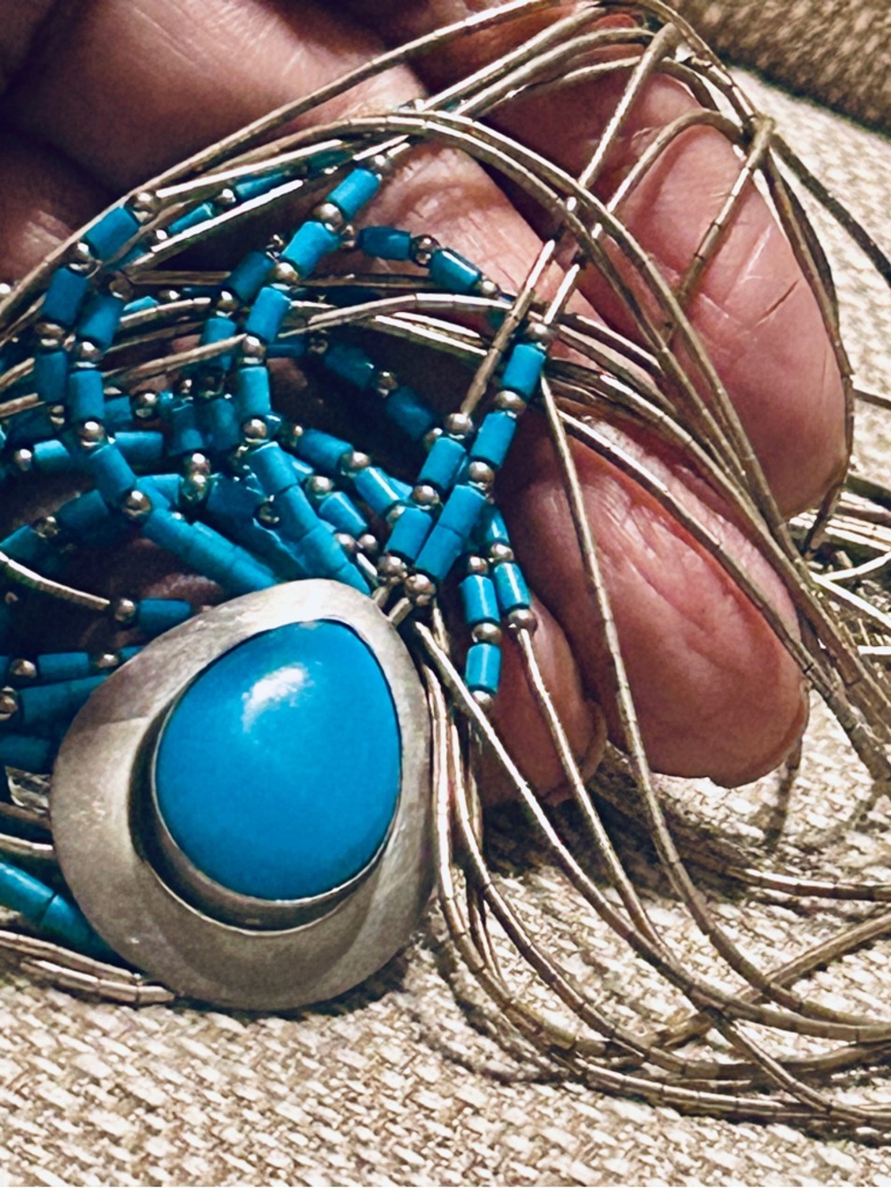 Liquid Silver Turquoise 10 Strand ZUNI or NAVAJO Necklace Artist Signed S E Ster - Picture 4 of 9